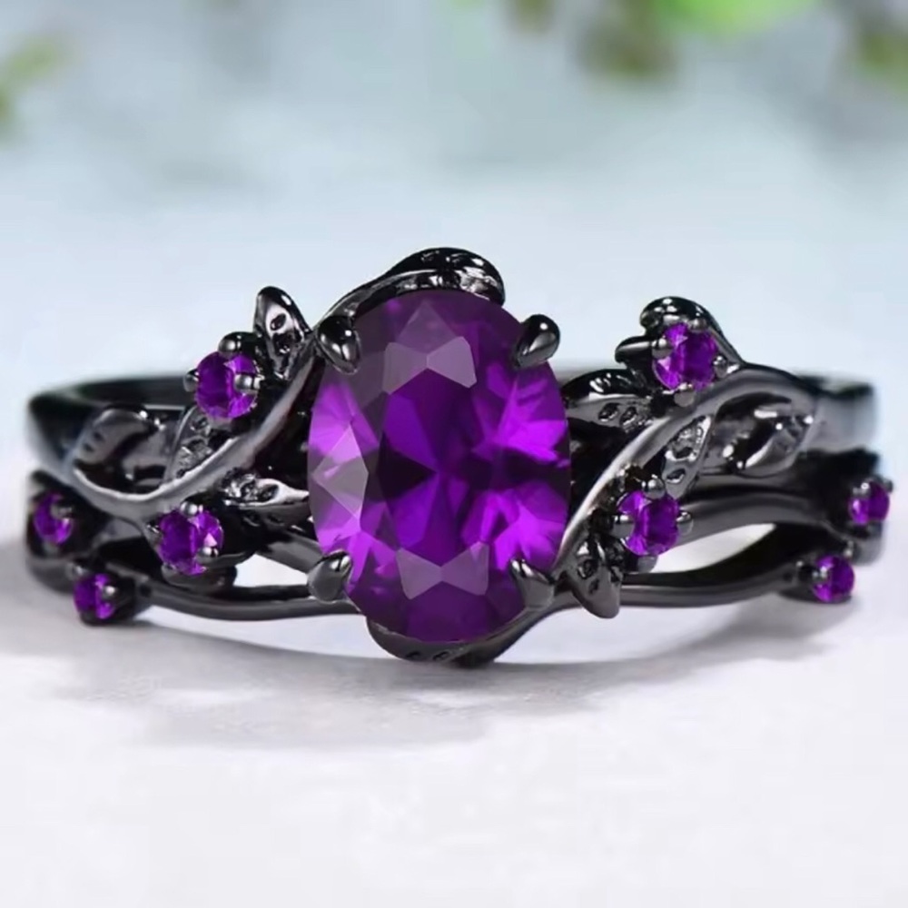 Black Metal Purple Crystal Solitaire Ring Set- Women Jewelry